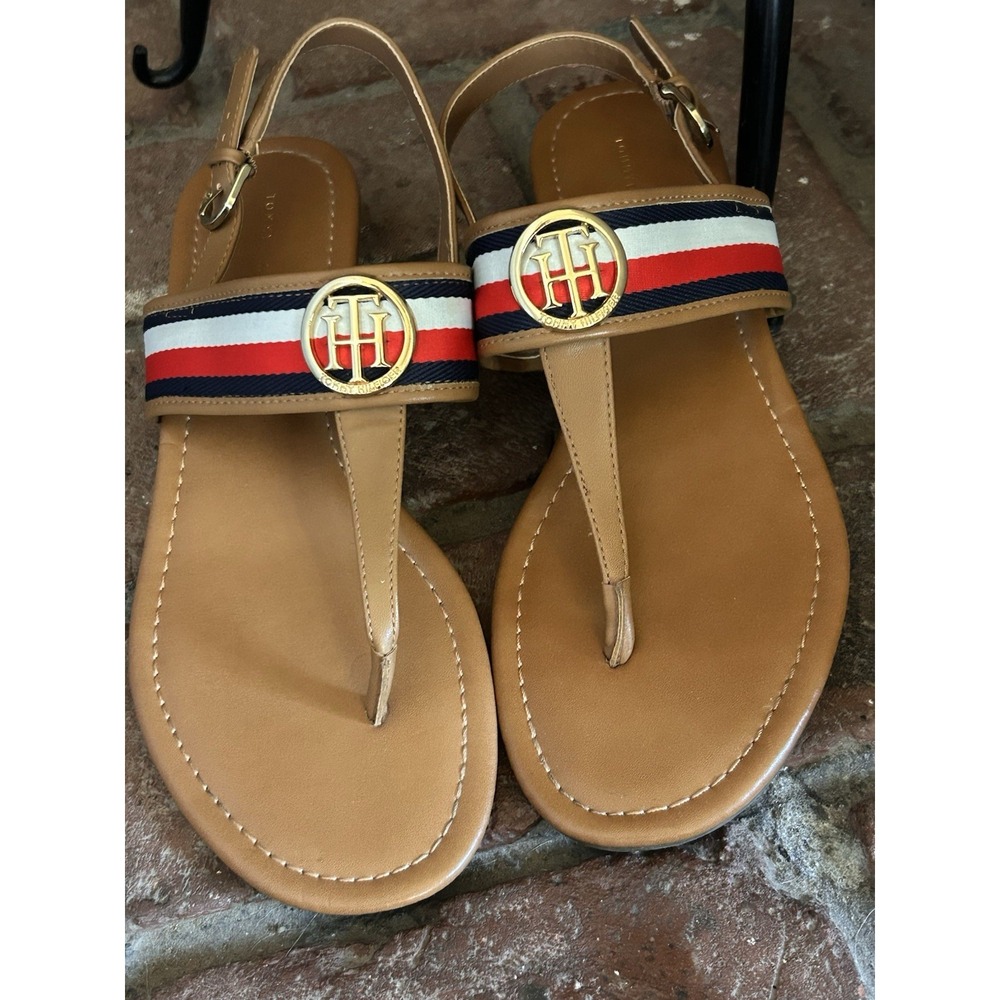 Women's Tommy Hilfiger Red White Blue Thong Sandals Size 10 Nautical Preppy